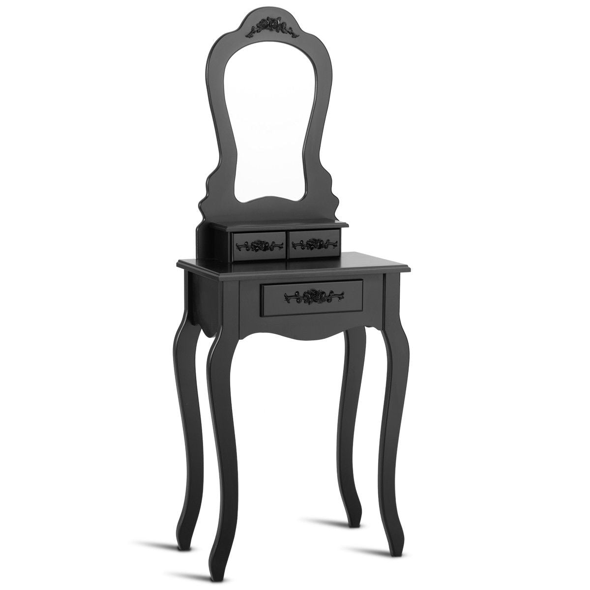 Elegant Vanity Table with Mirror, 3 Storage Drawers, and Matching Stool – Black