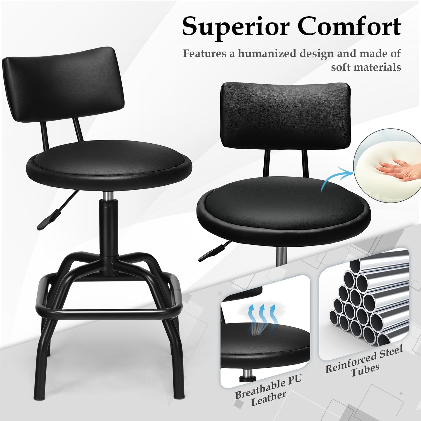 Adjustable Height Swivel Bar Stool with Vintage Style PU Leather Upholstery