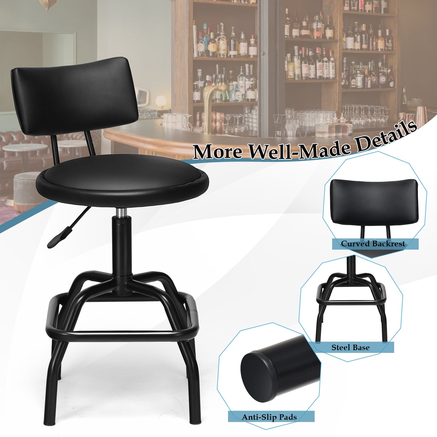 Adjustable Height Swivel Bar Stool with Vintage Style PU Leather Upholstery