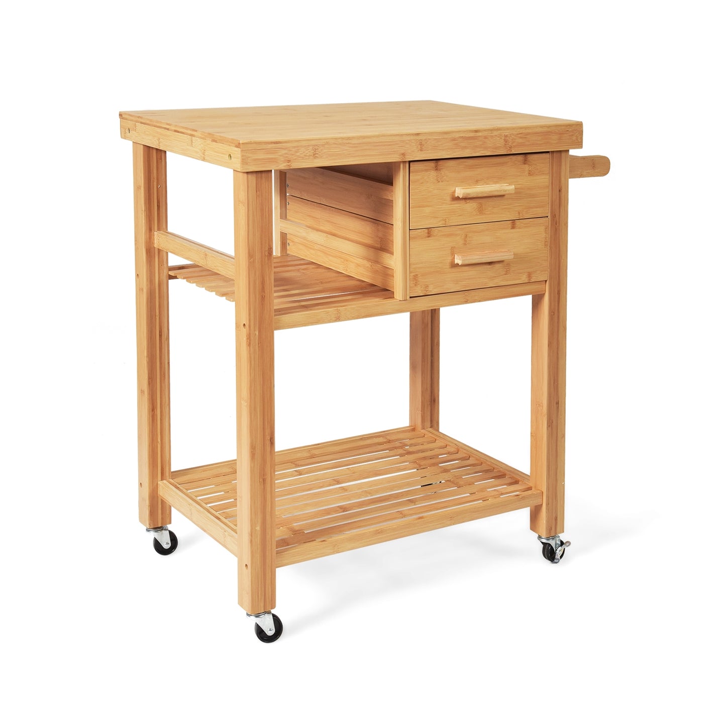 Natural Bamboo Kitchen Island Cart with Storage Shelves Drawers and Towel Rack
