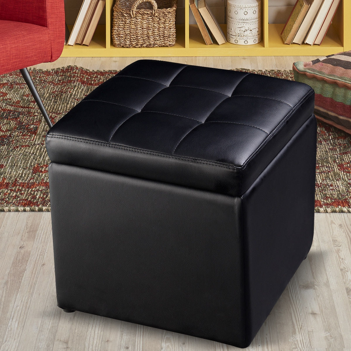 Compact Storage Pouffe Ottoman with Hinged Cover – Black