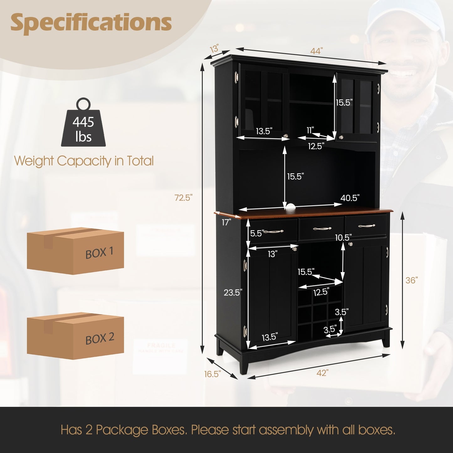 Modern Buffet Hutch with Glass Doors Wine Rack and Storage Drawers for Kitchen or Dining Room - Black
