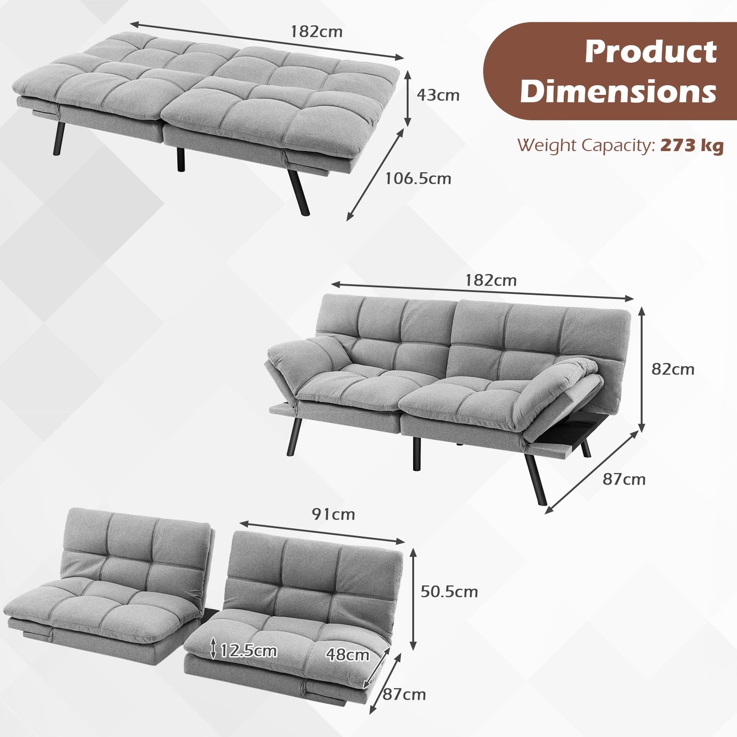 Convertible Memory Foam Futon Sofa Bed with Adjustable Armrests, Grey Upholstery
