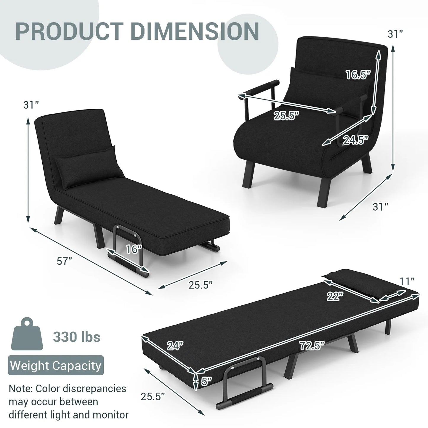 6 Position Folding Sleeper Armchair with Pillow and Sturdy Metal Frame in Black
