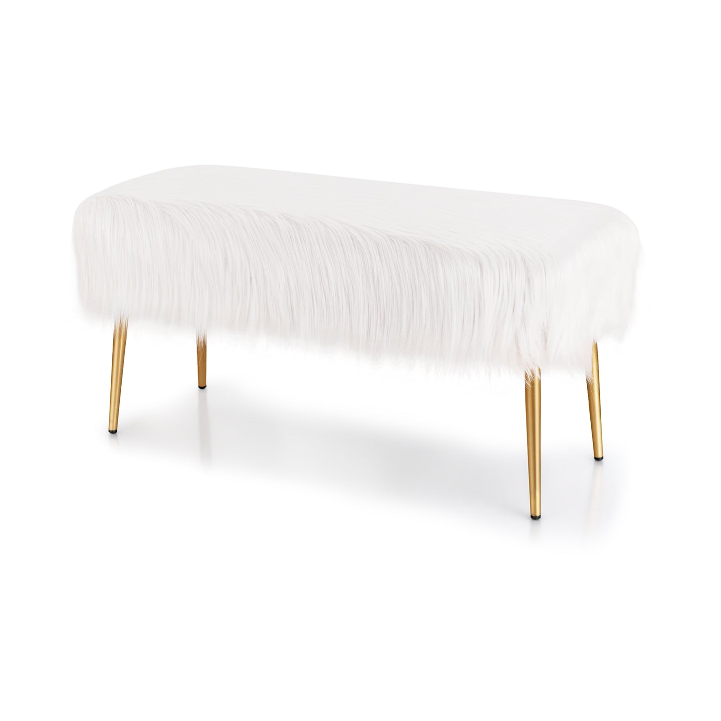 Plush Faux Fur Vanity Stool with Elegant Gold Metal Legs in White