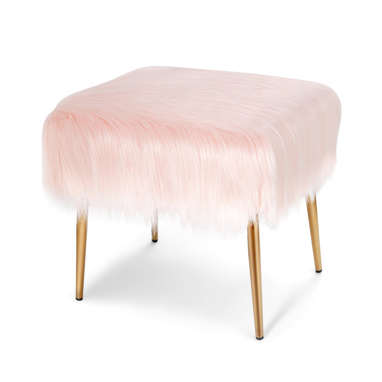 Plush Faux Fur Vanity Stool with Sleek Gold Metal Base in Pink