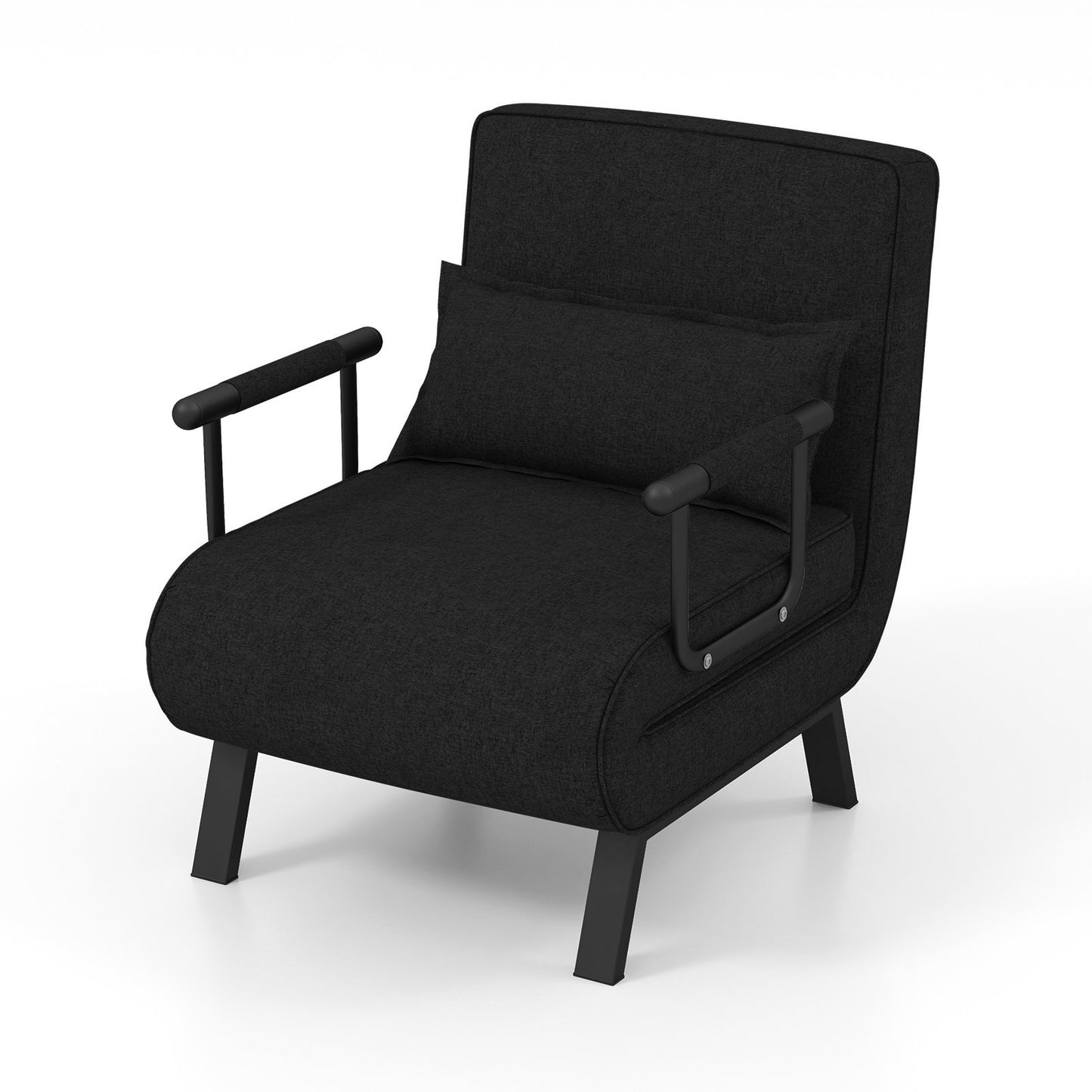 6 Position Folding Sleeper Armchair with Pillow and Sturdy Metal Frame in Black