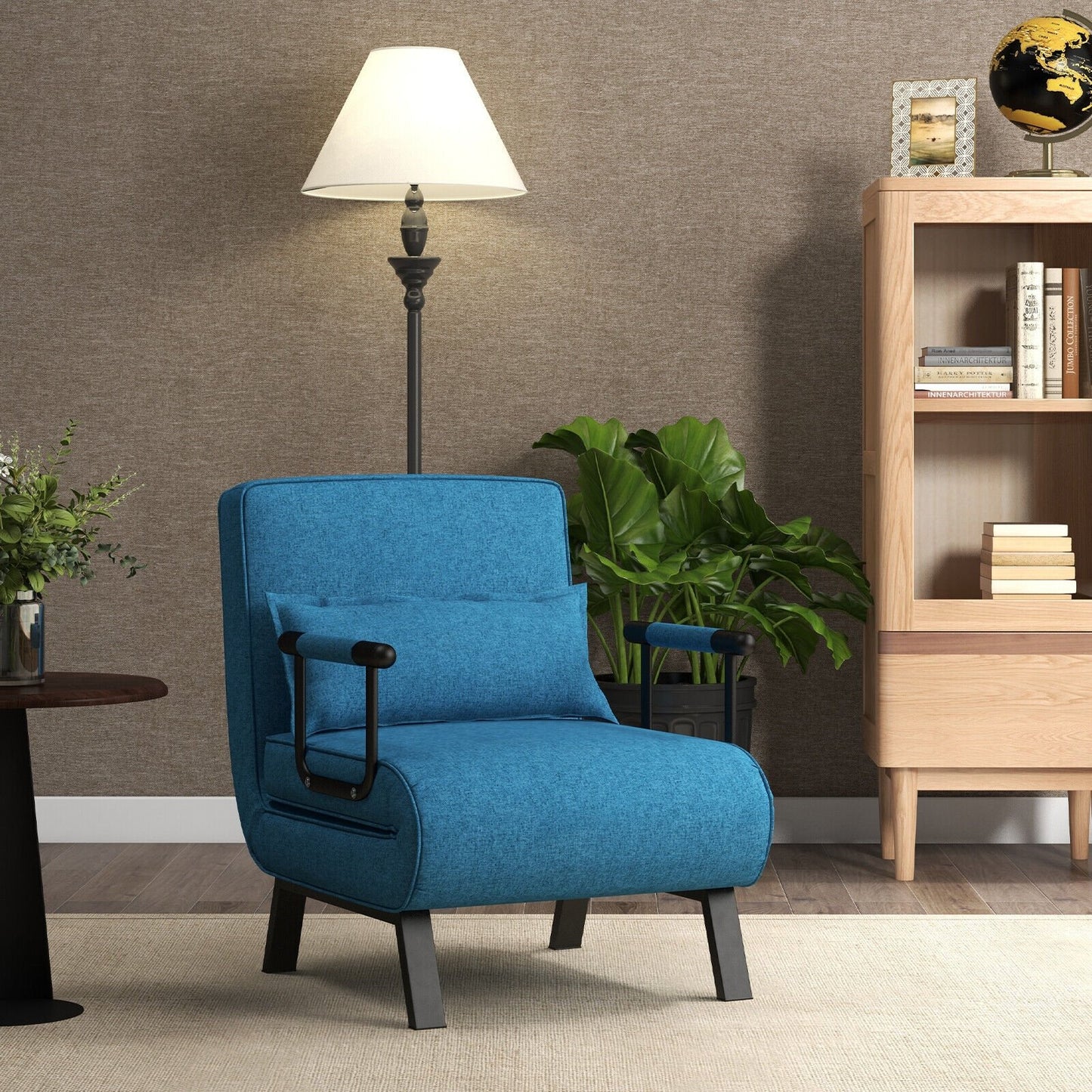 6 Position Folding Sleeper Armchair with Pillow and Sturdy Metal Frame in Blue