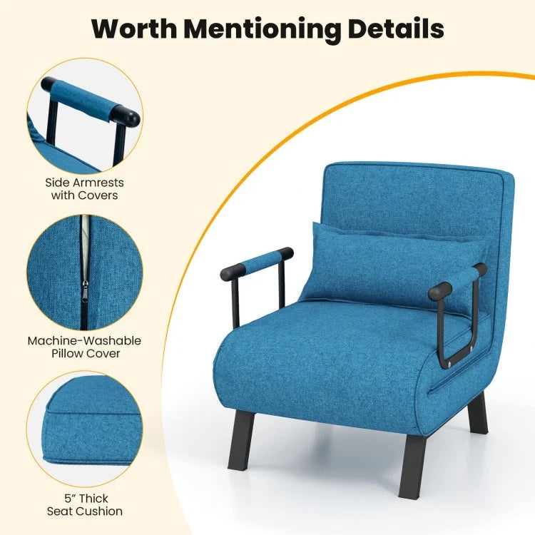 6 Position Folding Sleeper Armchair with Pillow and Sturdy Metal Frame in Blue