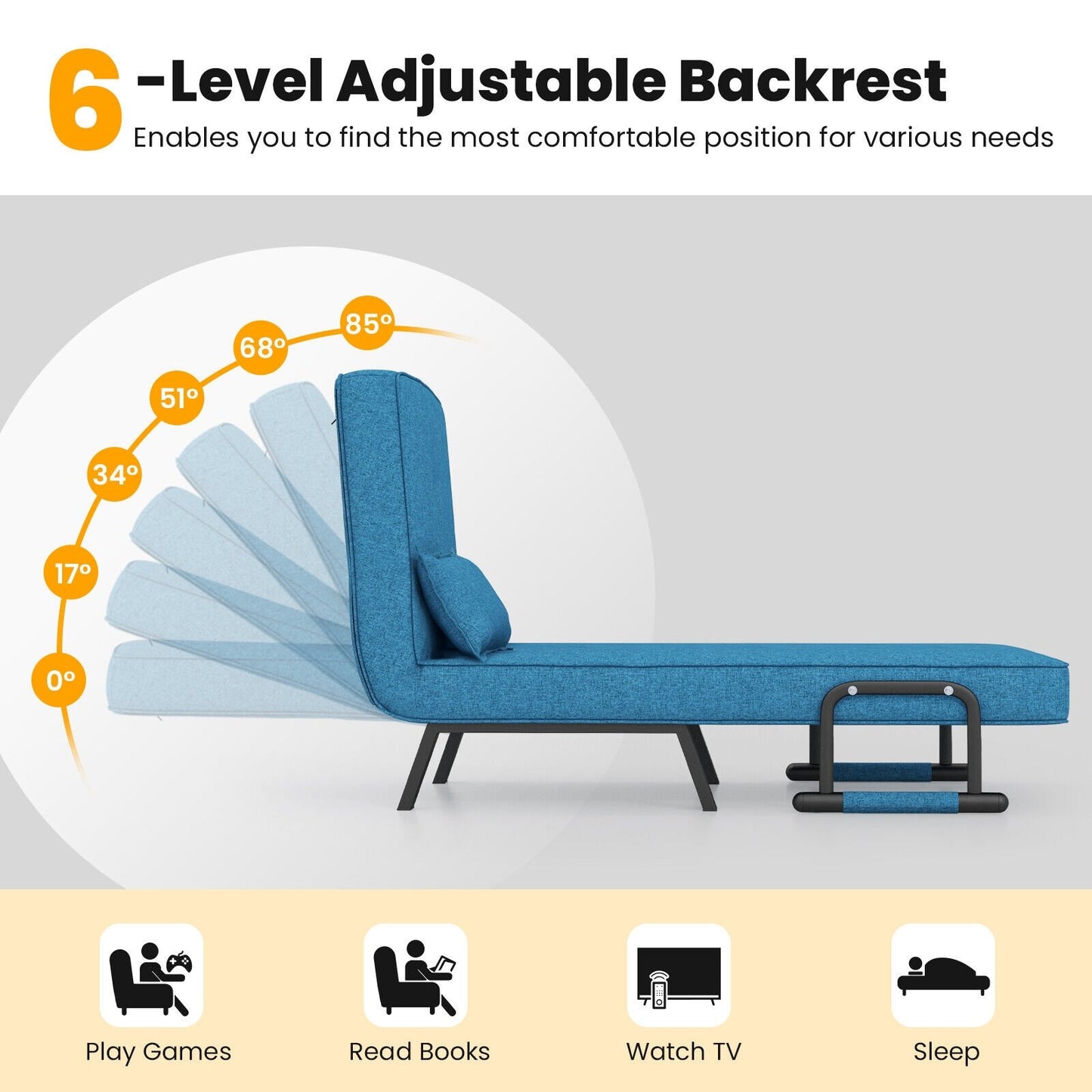 6 Position Folding Sleeper Armchair with Pillow and Sturdy Metal Frame in Blue