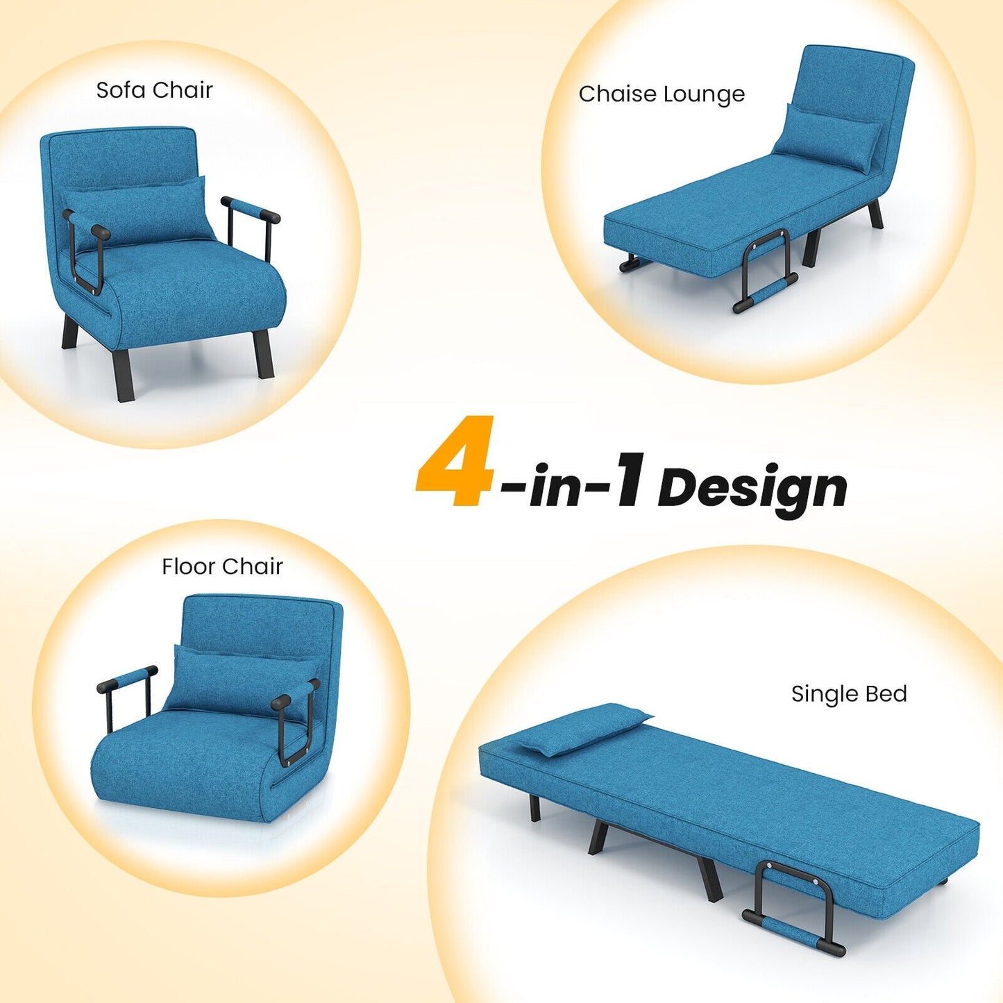 6 Position Folding Sleeper Armchair with Pillow and Sturdy Metal Frame in Blue