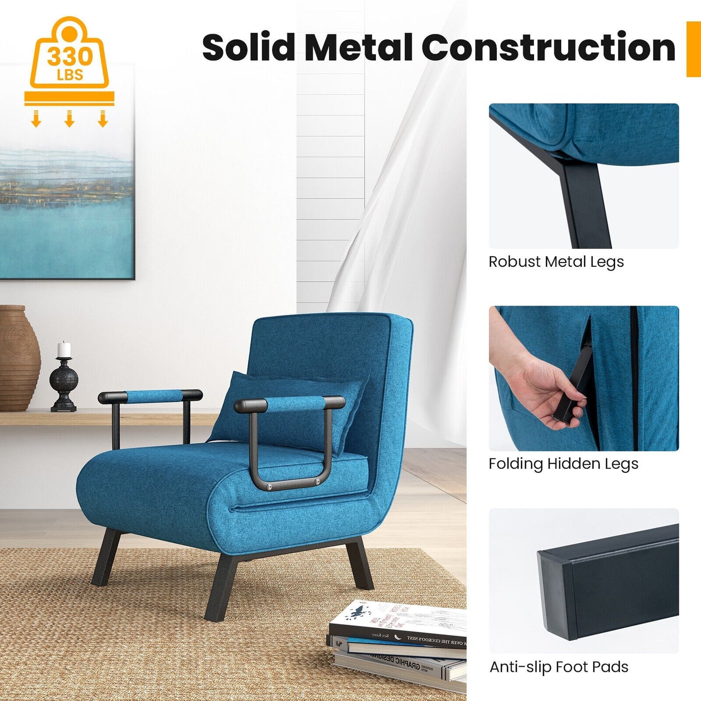 6 Position Folding Sleeper Armchair with Pillow and Sturdy Metal Frame in Blue