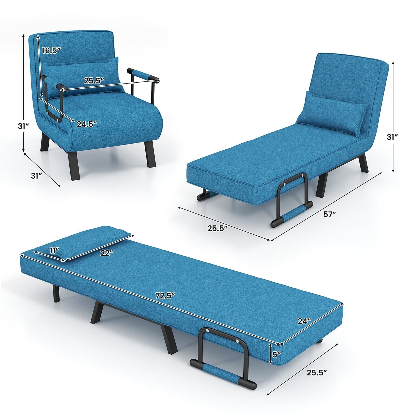 6 Position Folding Sleeper Armchair with Pillow and Sturdy Metal Frame in Blue