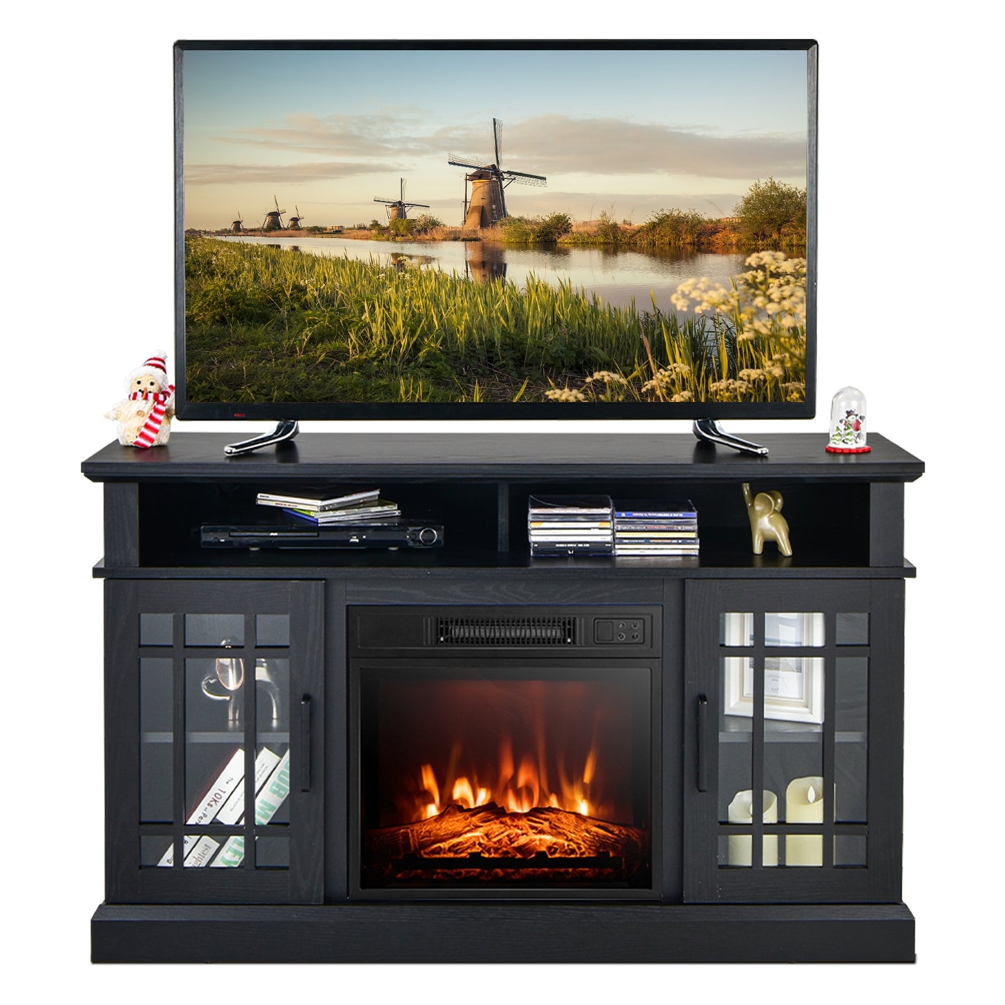 Modern 48 Inch TV Stand with Electric Fireplace and Adjustable Cabinets for TVs Up to 55 Inches - Black