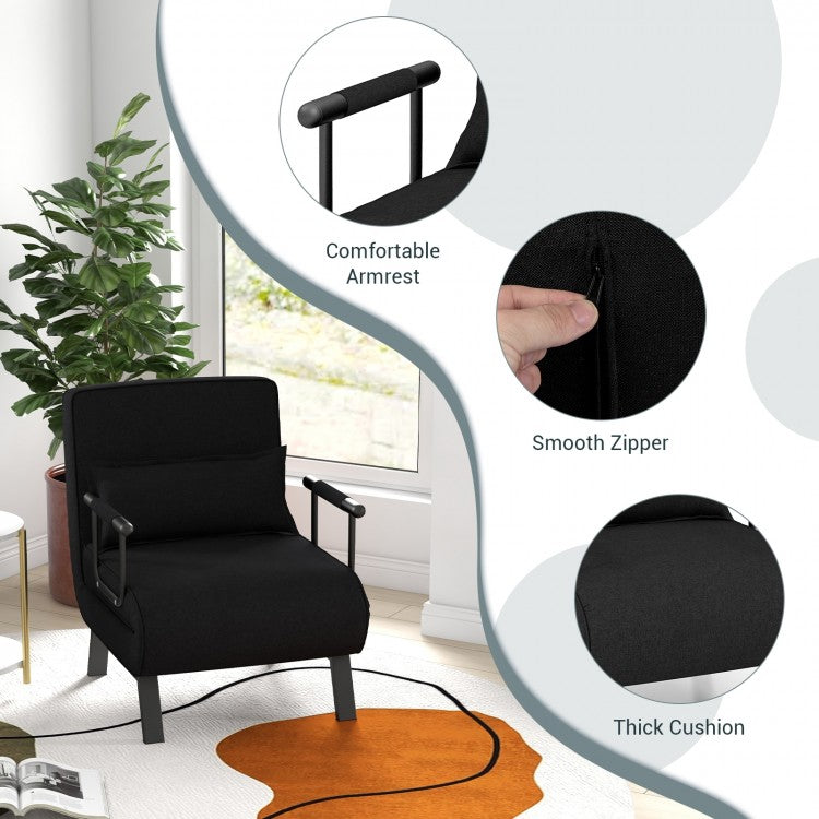 6 Position Folding Sleeper Armchair with Pillow and Sturdy Metal Frame in Black