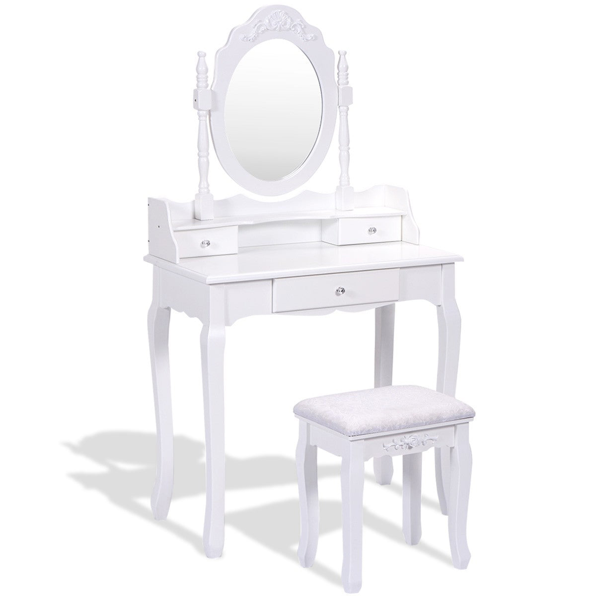 Makeup Vanity Set with 360° Oval Mirror, 3 Storage Drawers, and Cushioned Stool