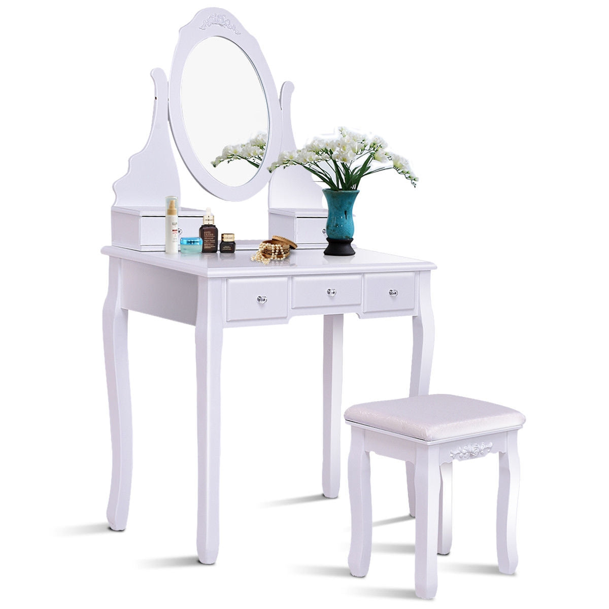 Wood Vanity Table Set with Rotating Oval Mirror, Drawers, and Comfort Stool – White Finish