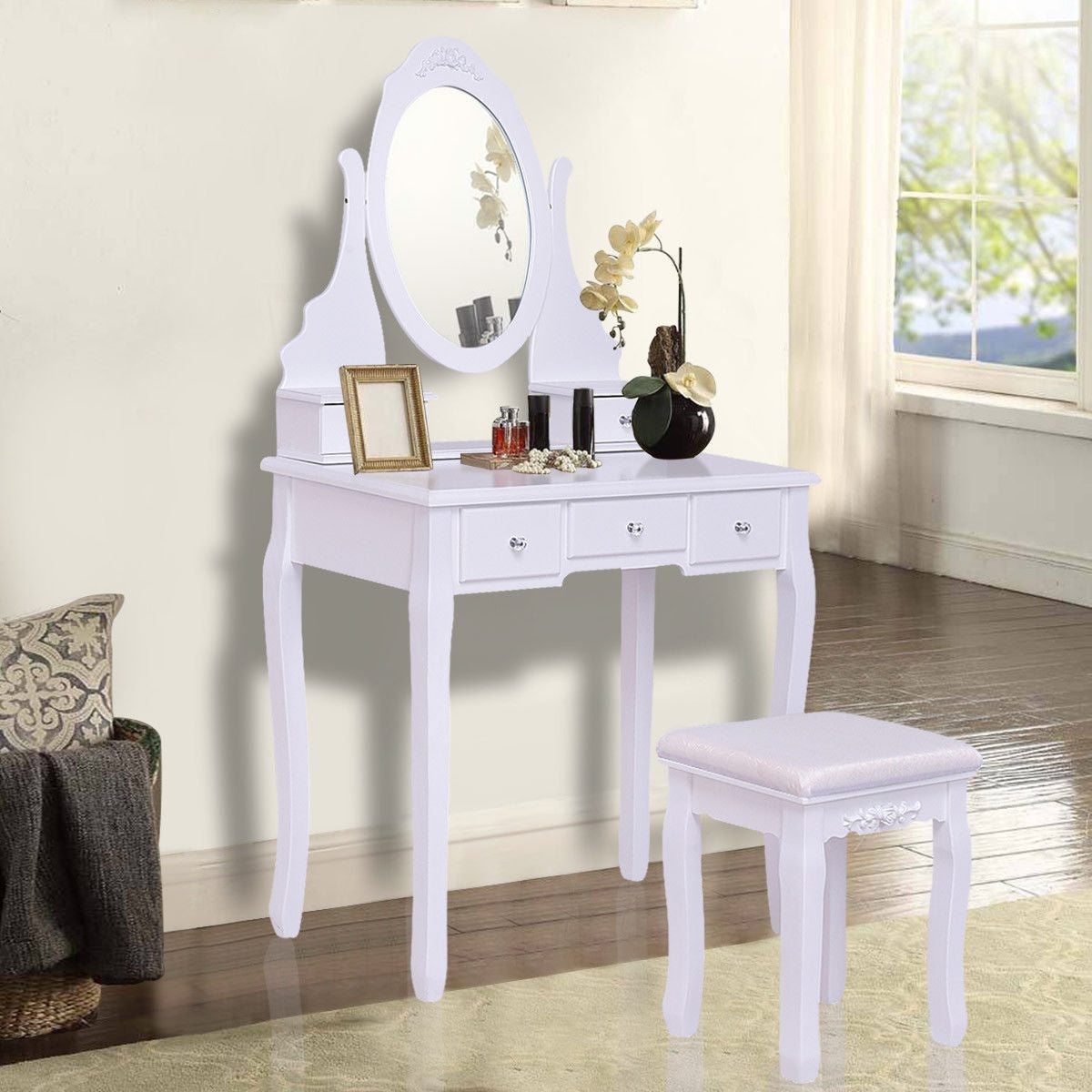 Wood Vanity Table Set with Rotating Oval Mirror, Drawers, and Comfort Stool – White Finish