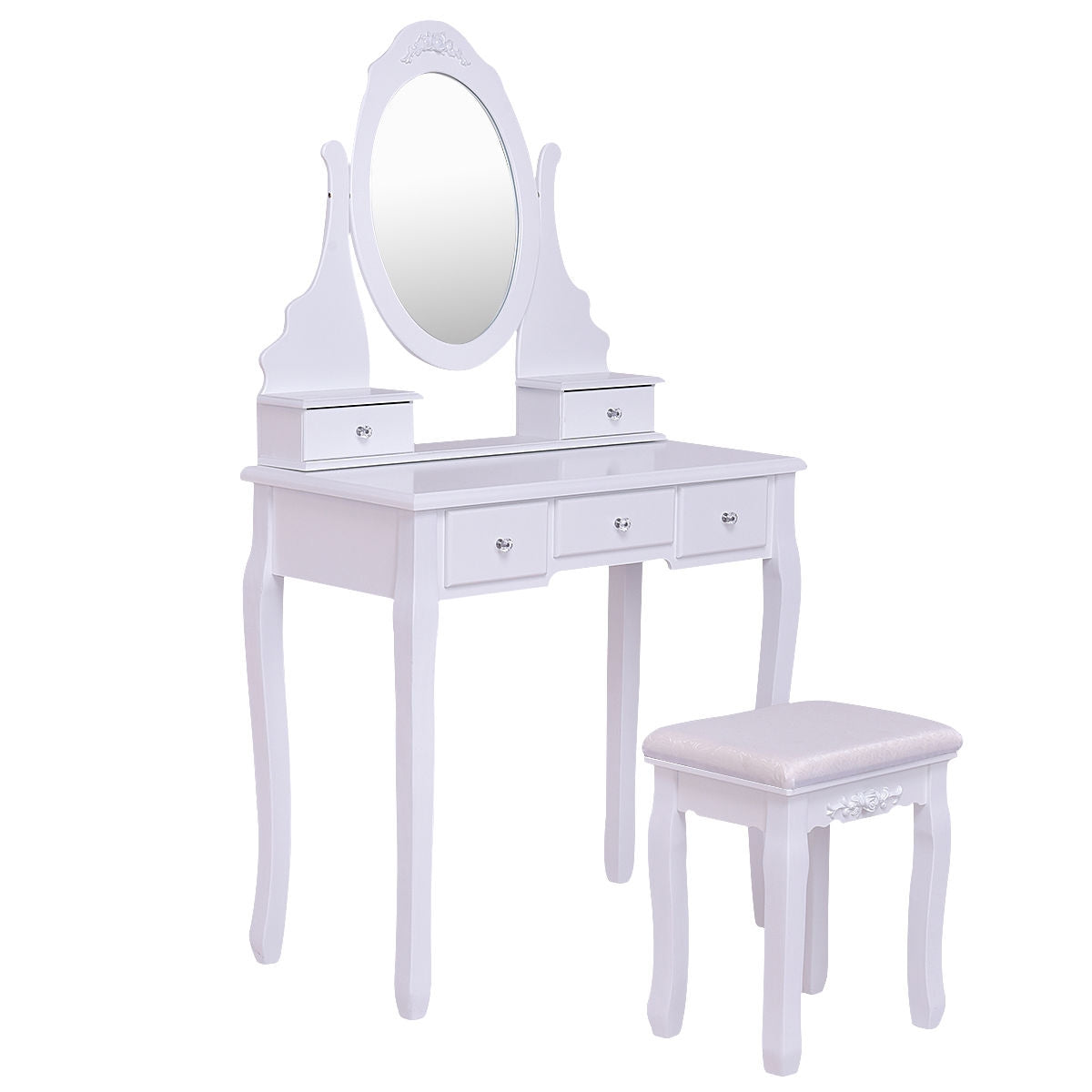 Wood Vanity Table Set with Rotating Oval Mirror, Drawers, and Comfort Stool – White Finish