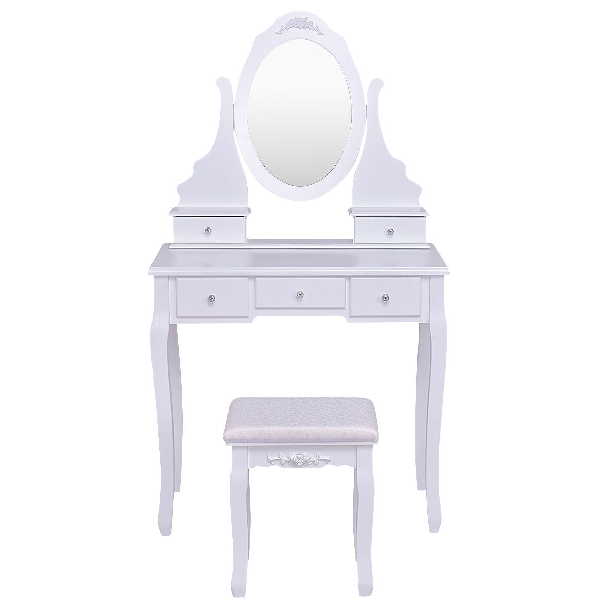 Wood Vanity Table Set with Rotating Oval Mirror, Drawers, and Comfort Stool – White Finish