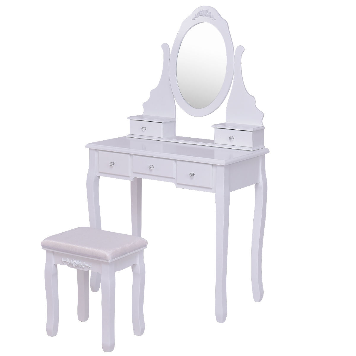 Wood Vanity Table Set with Rotating Oval Mirror, Drawers, and Comfort Stool – White Finish