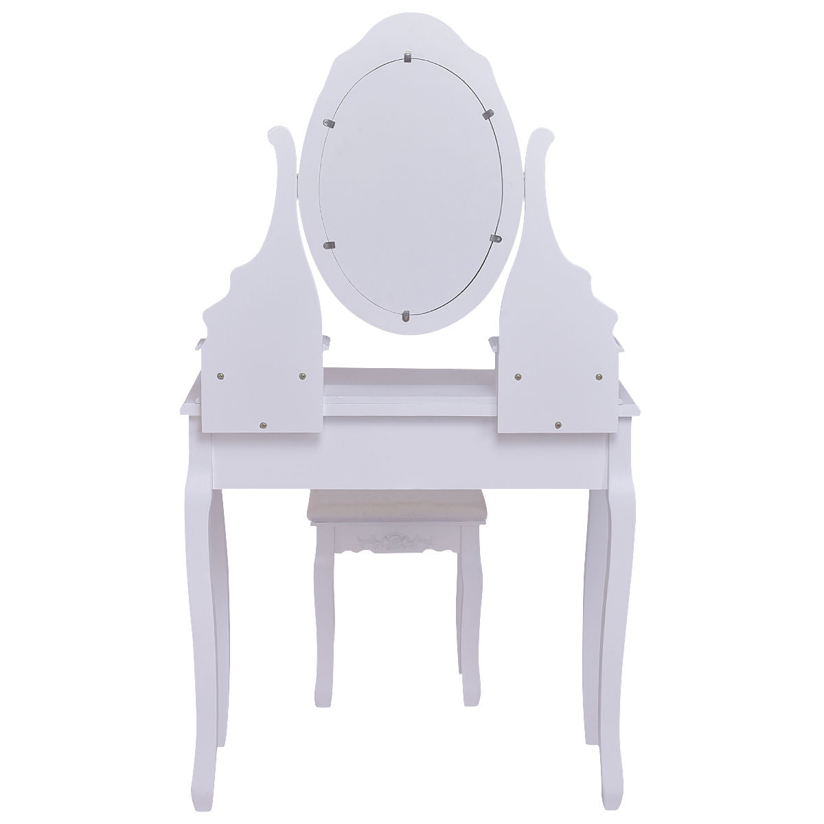 Wood Vanity Table Set with Rotating Oval Mirror, Drawers, and Comfort Stool – White Finish