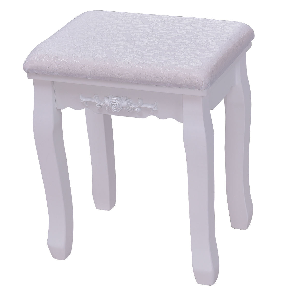 Wood Vanity Table Set with Rotating Oval Mirror, Drawers, and Comfort Stool – White Finish