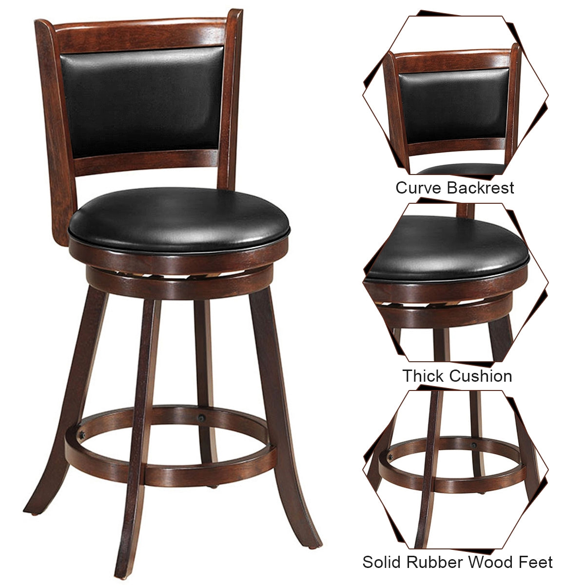 24 Inch Swivel Counter Stools with Upholstered Seats, Set of 2 - Brown