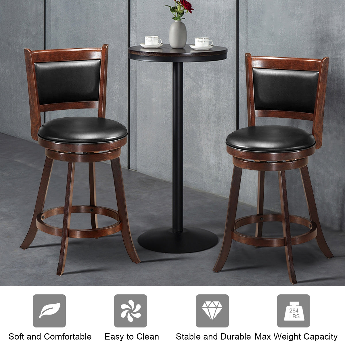 24 Inch Swivel Counter Stools with Upholstered Seats, Set of 2 - Brown