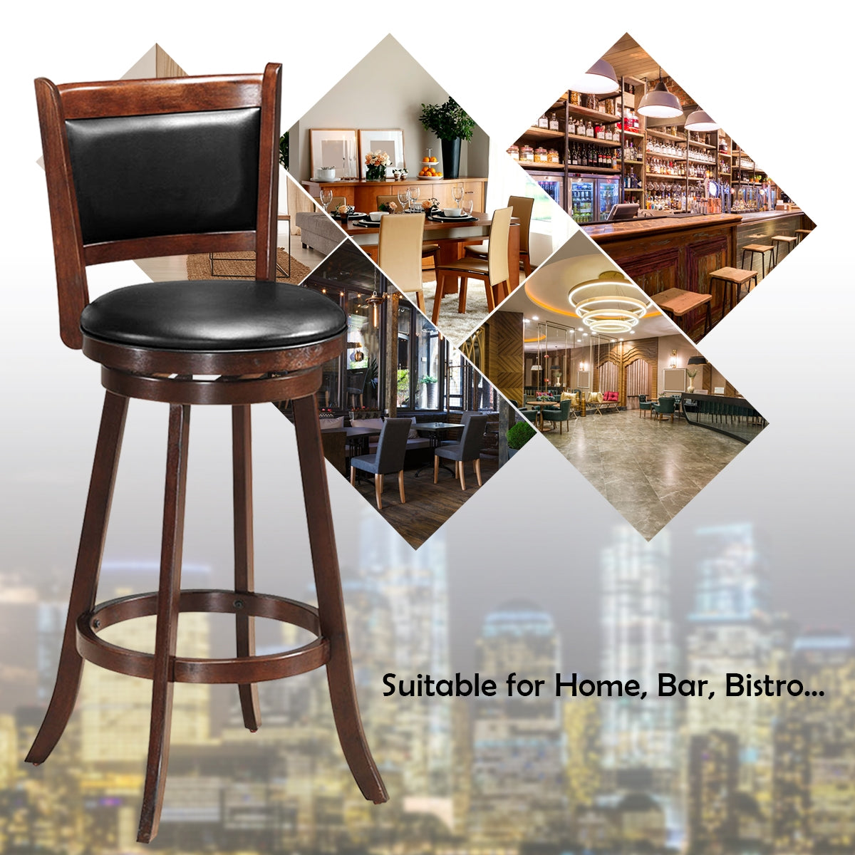 29 Inch Swivel Counter Stools with Upholstered Seats, Set of 2 - Brown