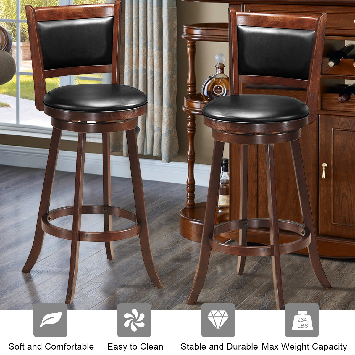 29 Inch Swivel Counter Stools with Upholstered Seats, Set of 2 - Brown