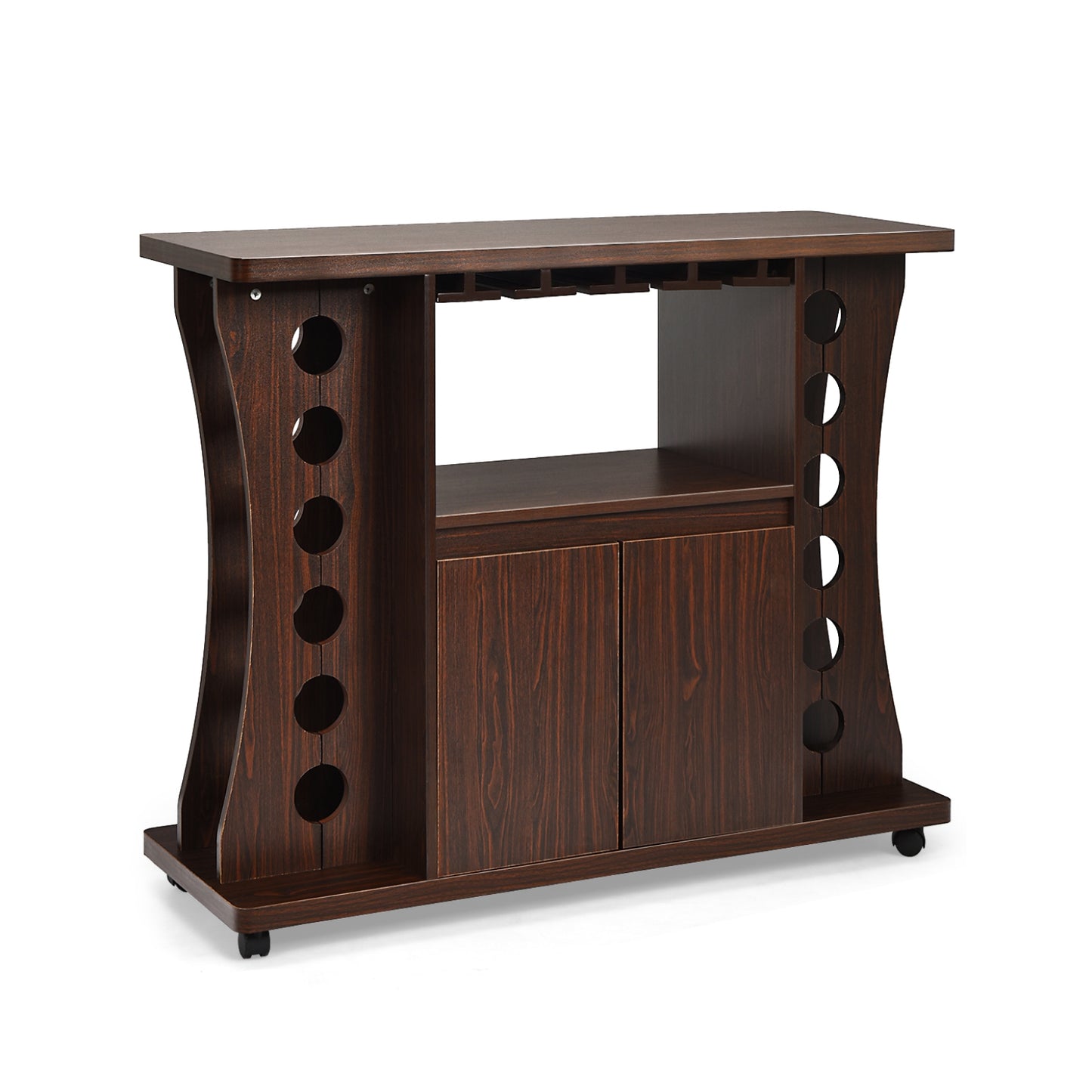 Mobile Wooden Buffet Sideboard with Wine Storage and Cabinet on Wheels