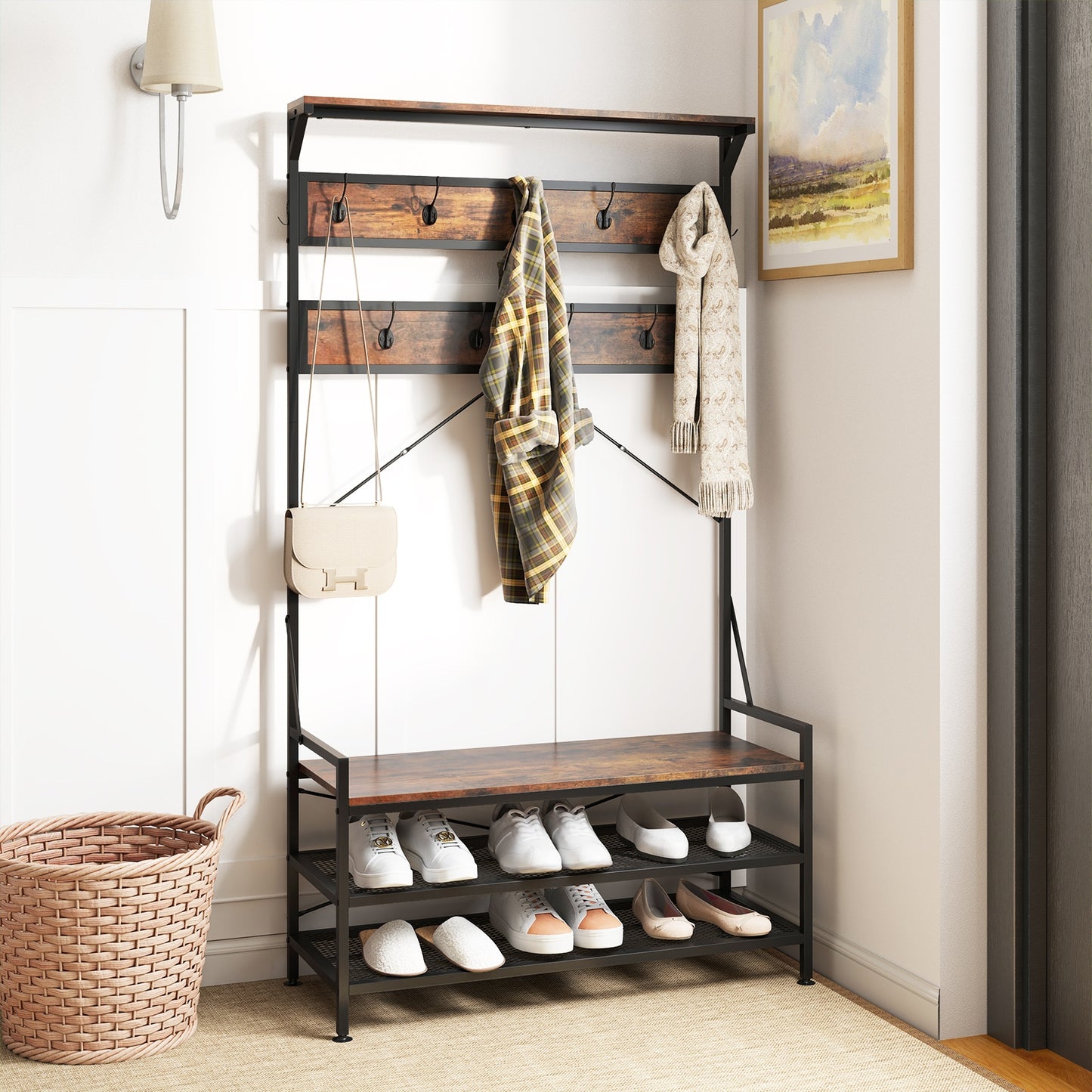 4-in-1 Hall Tree with Coat Rack, Shoe Bench, Storage Shelves, and 11 Hooks – Rustic Brown