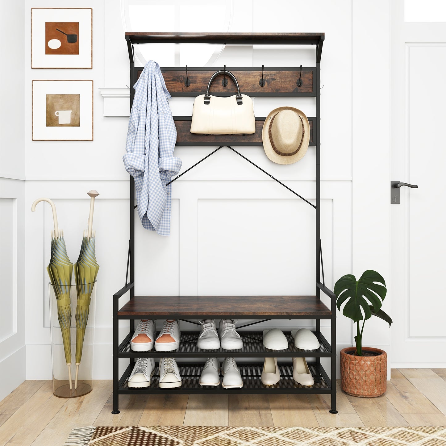 4-in-1 Hall Tree with Coat Rack, Shoe Bench, Storage Shelves, and 11 Hooks – Rustic Brown