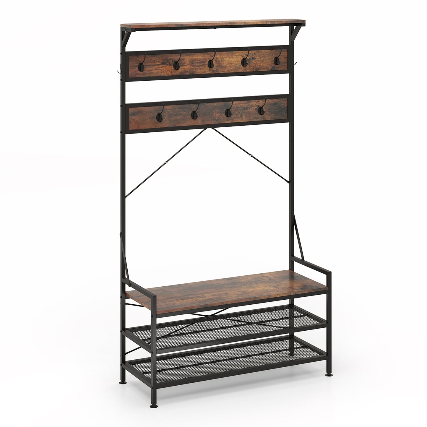 4-in-1 Hall Tree with Coat Rack, Shoe Bench, Storage Shelves, and 11 Hooks – Rustic Brown