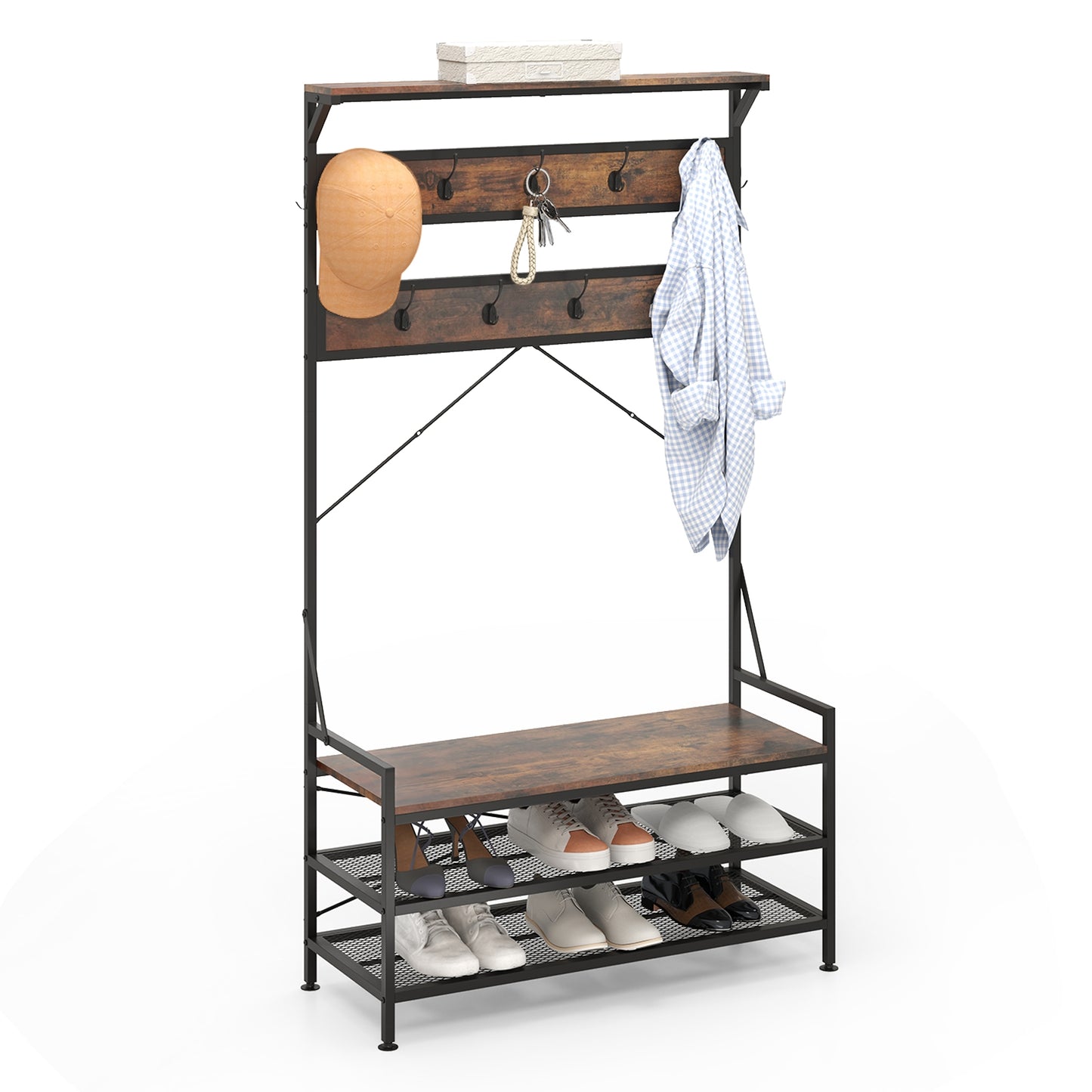 4-in-1 Hall Tree with Coat Rack, Shoe Bench, Storage Shelves, and 11 Hooks – Rustic Brown