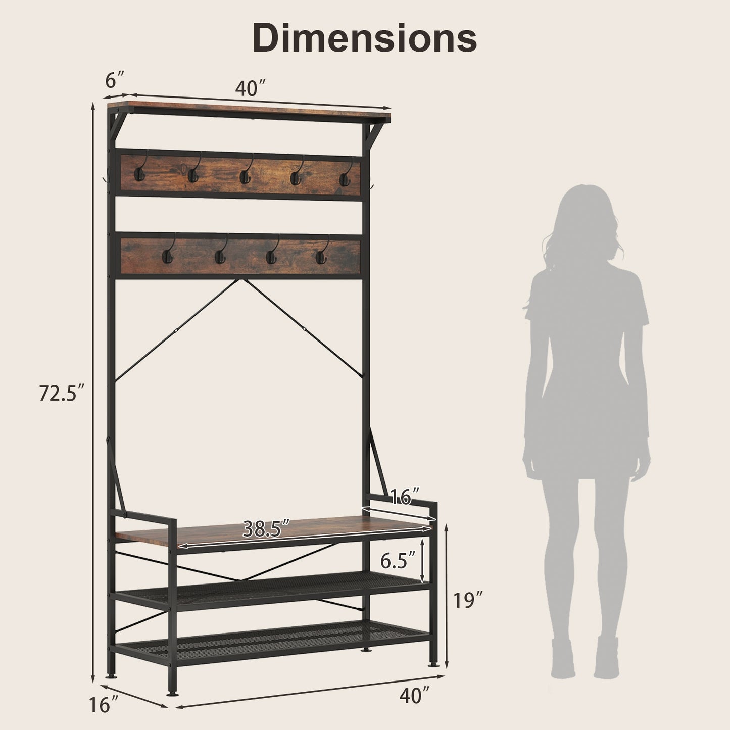 4-in-1 Hall Tree with Coat Rack, Shoe Bench, Storage Shelves, and 11 Hooks – Rustic Brown