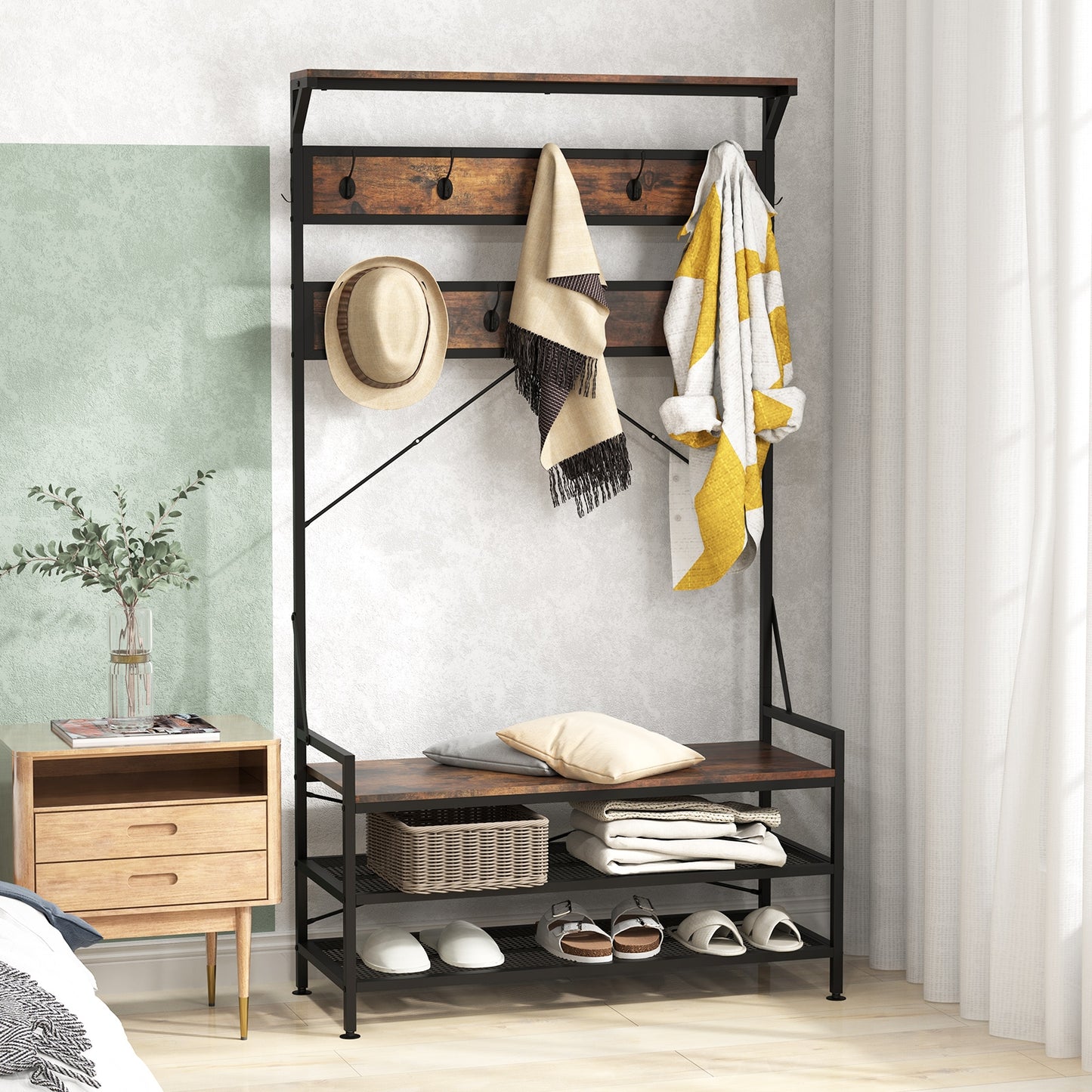 4-in-1 Hall Tree with Coat Rack, Shoe Bench, Storage Shelves, and 11 Hooks – Rustic Brown