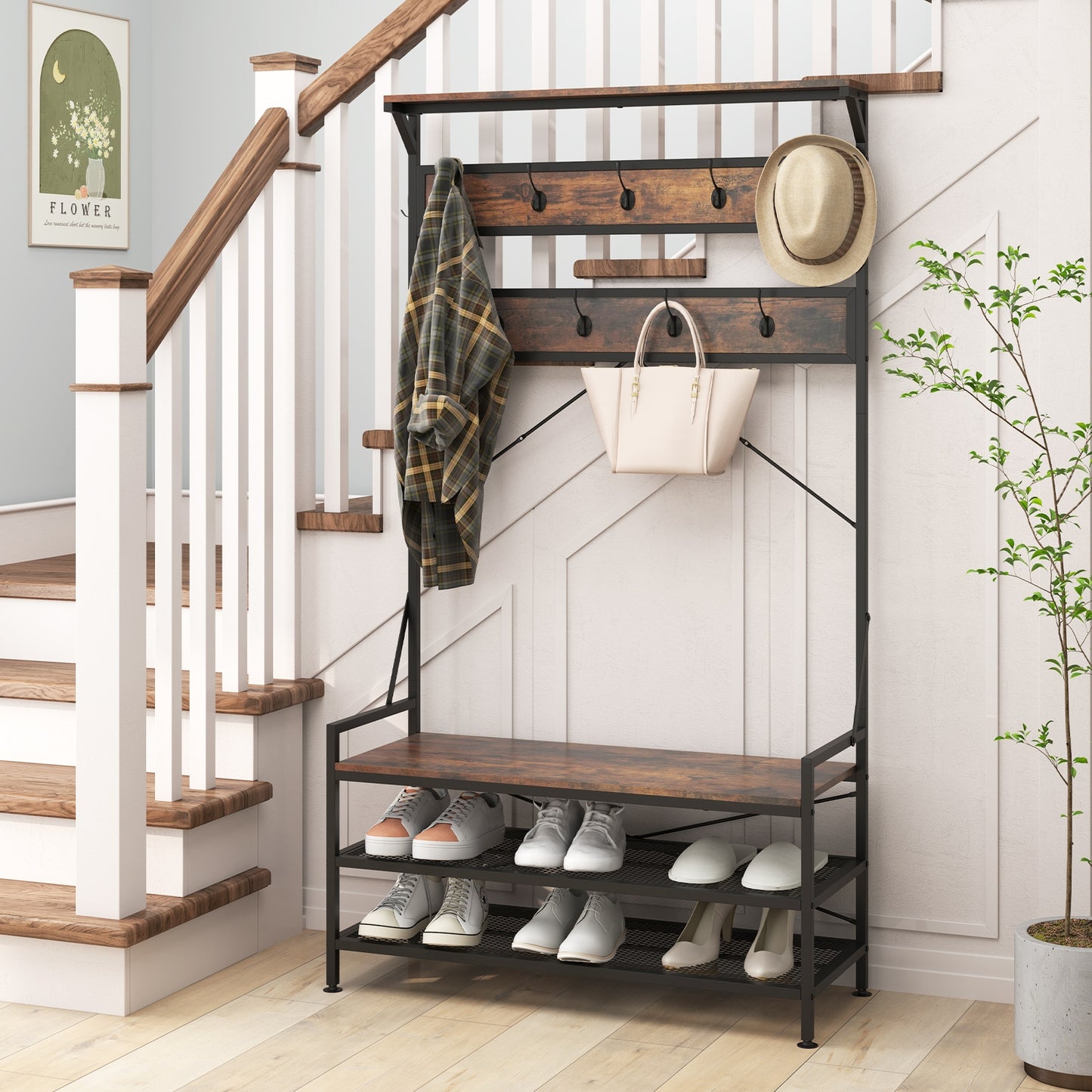 4-in-1 Hall Tree with Coat Rack, Shoe Bench, Storage Shelves, and 11 Hooks – Rustic Brown