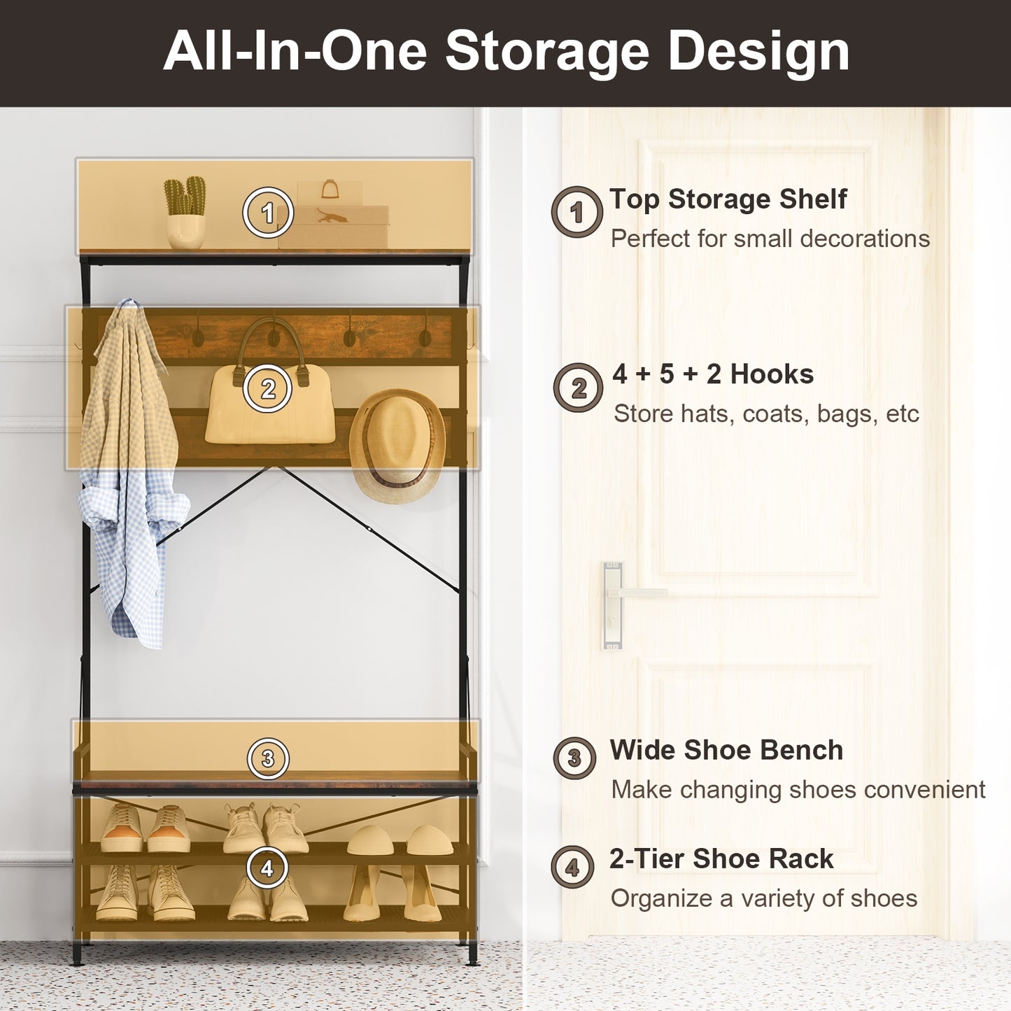 4-in-1 Hall Tree with Coat Rack, Shoe Bench, Storage Shelves, and 11 Hooks – Rustic Brown