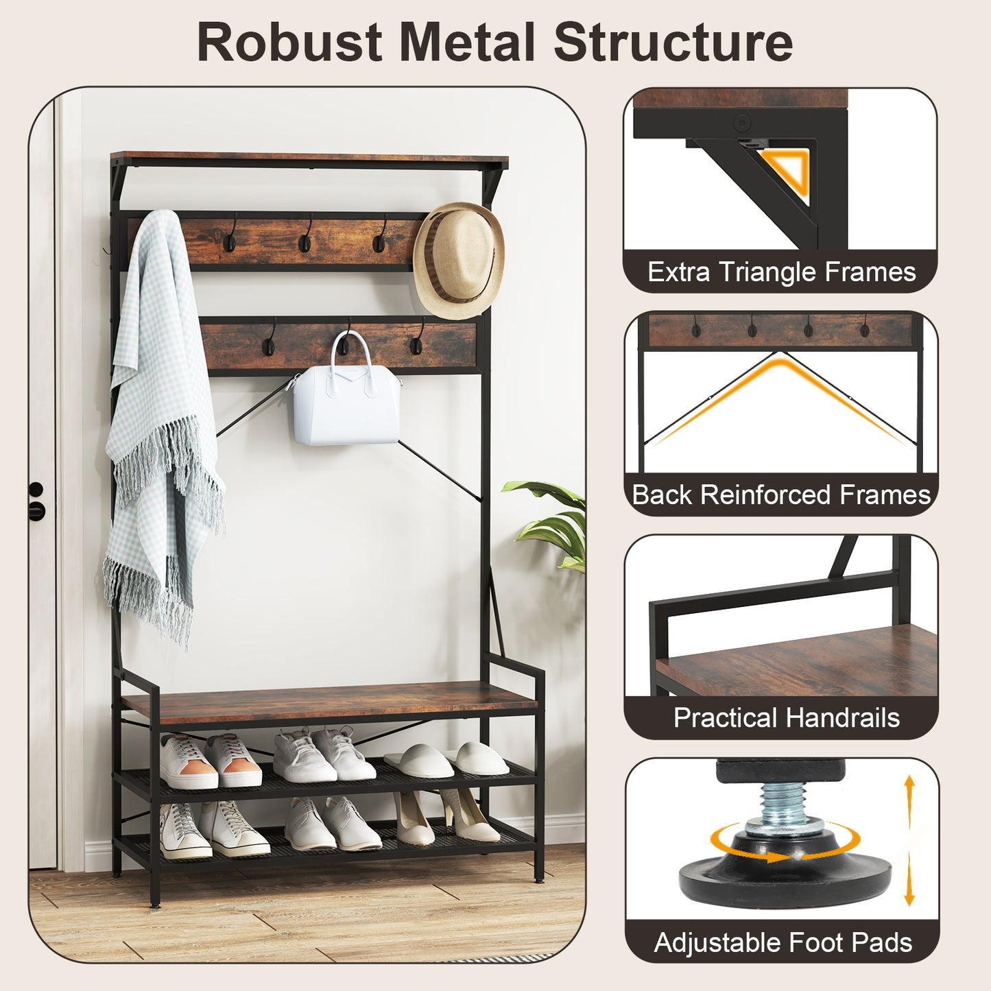 4-in-1 Hall Tree with Coat Rack, Shoe Bench, Storage Shelves, and 11 Hooks – Rustic Brown