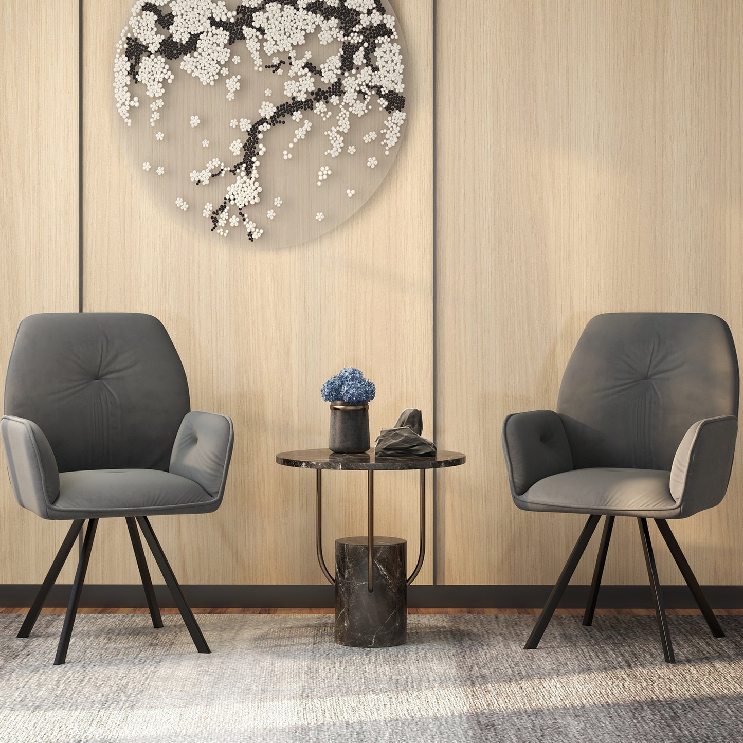 Velvet Swivel Accent Chairs Set of 2 with Ergonomic Backrest and Black Metal Base
