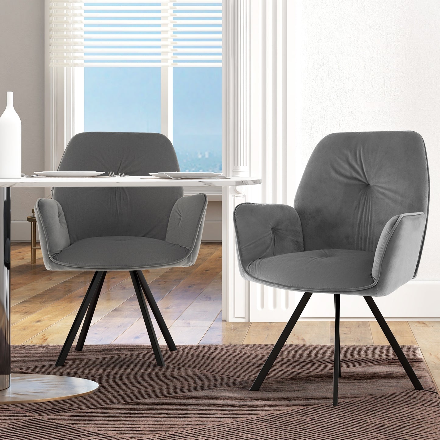 Velvet Swivel Accent Chairs Set of 2 with Ergonomic Backrest and Black Metal Base