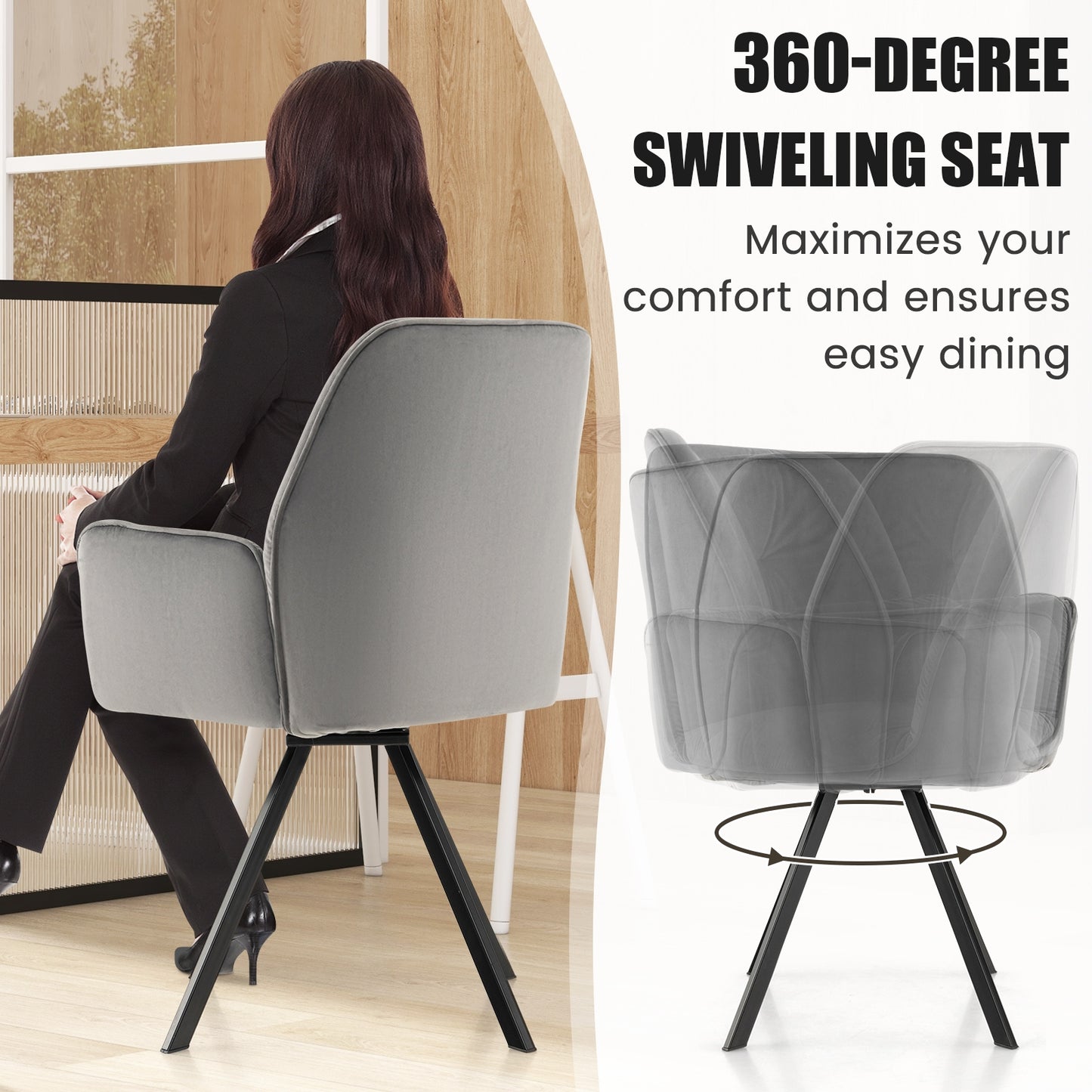 Velvet Swivel Accent Chairs Set of 2 with Ergonomic Backrest and Black Metal Base