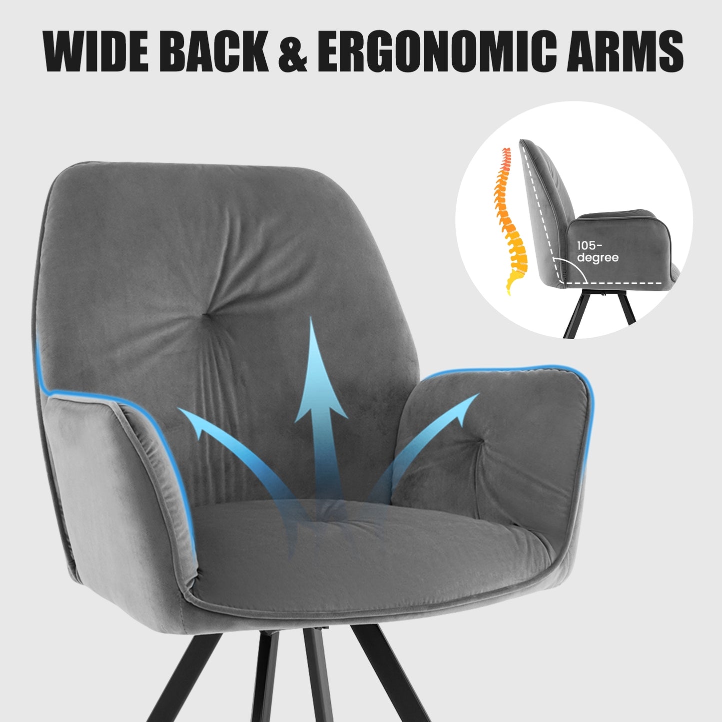 Velvet Swivel Accent Chairs Set of 2 with Ergonomic Backrest and Black Metal Base