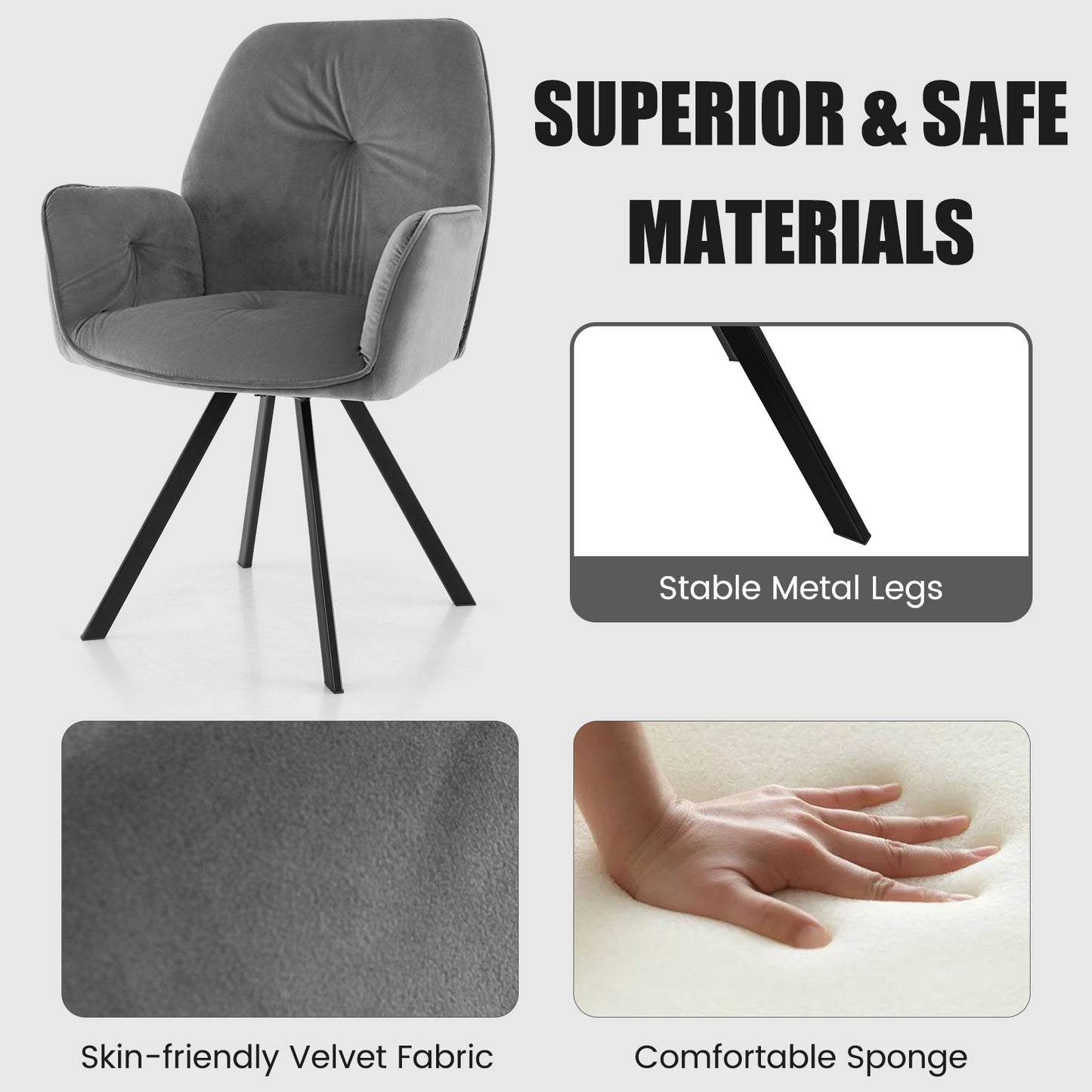 Velvet Swivel Accent Chairs Set of 2 with Ergonomic Backrest and Black Metal Base