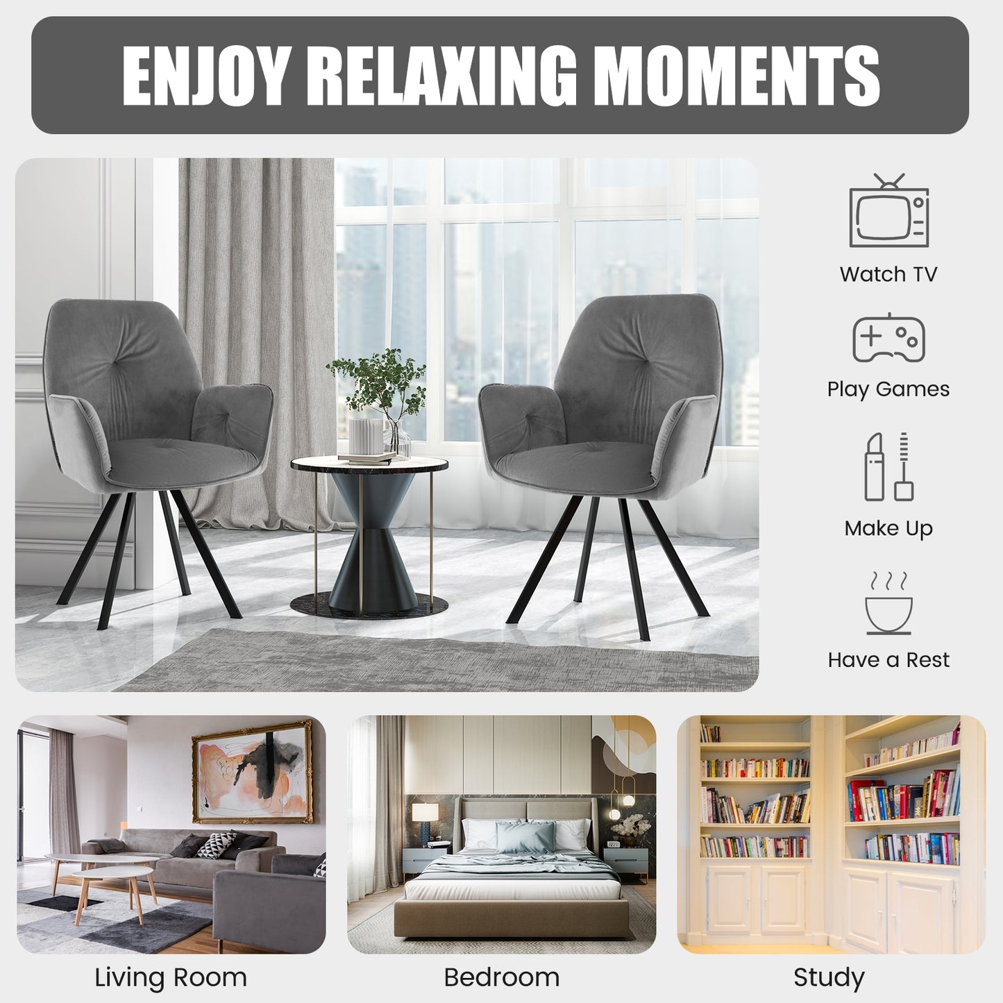 Velvet Swivel Accent Chairs Set of 2 with Ergonomic Backrest and Black Metal Base