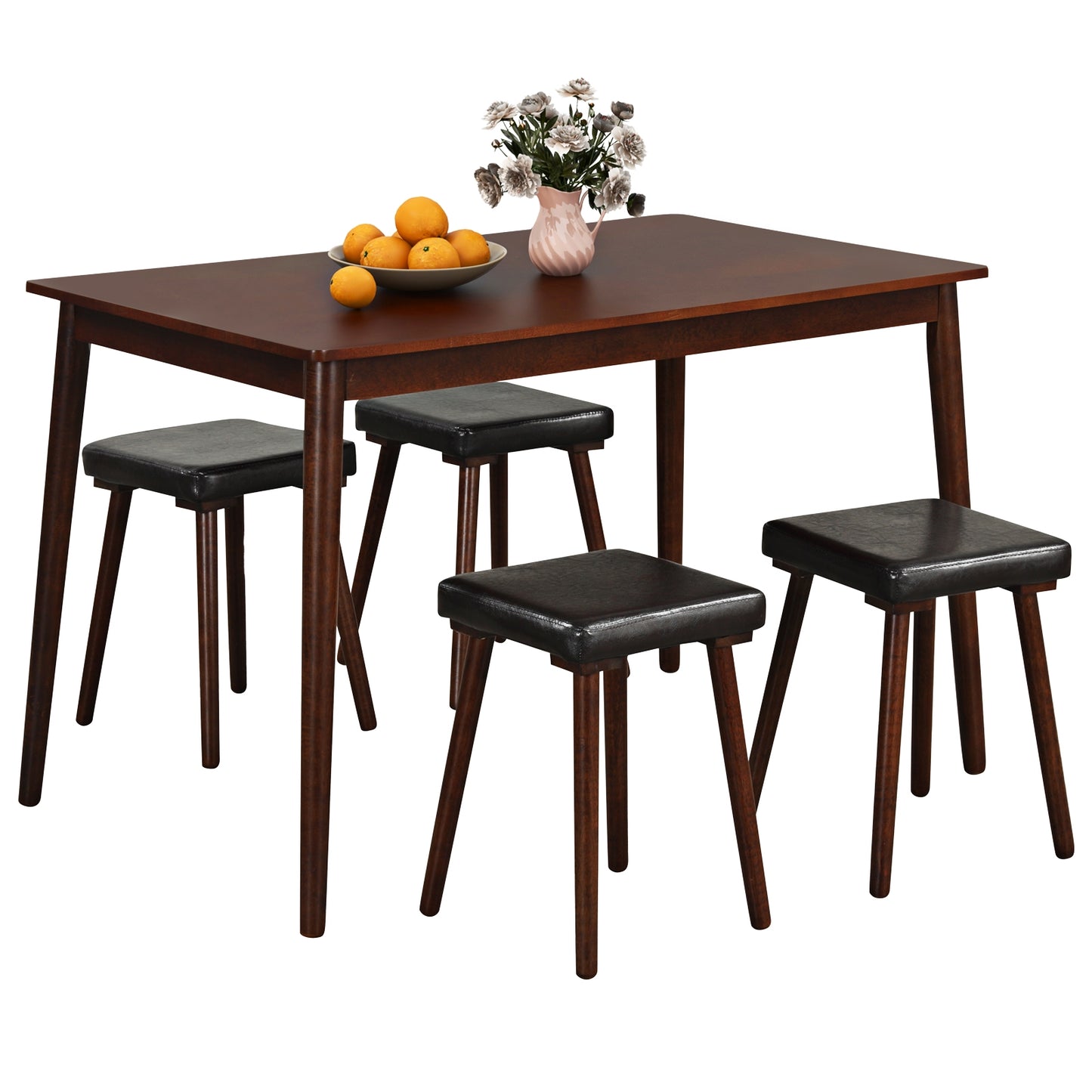 5 Piece Dining Set with Upholstered Stools and Solid Rubber Wood Legs for Kitchen or Dining Room