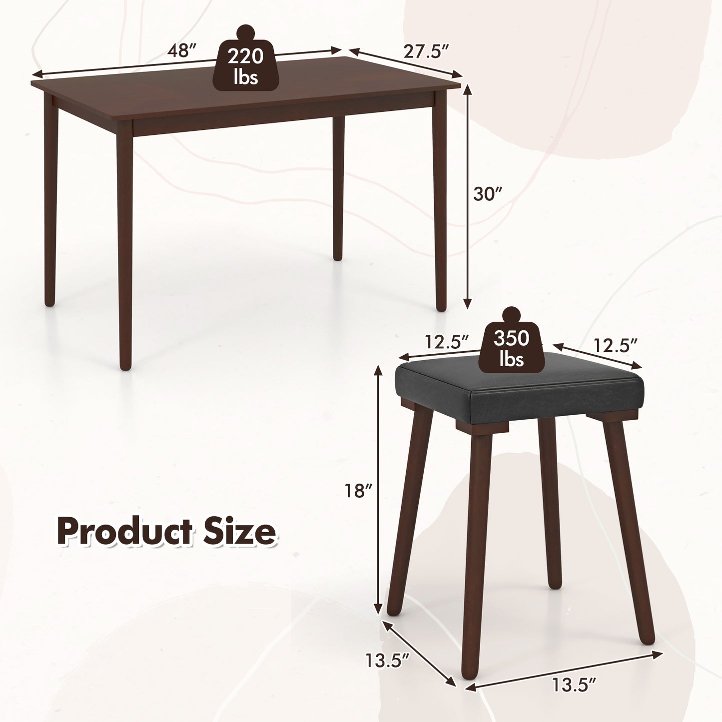 5 Piece Dining Set with Upholstered Stools and Solid Rubber Wood Legs for Kitchen or Dining Room