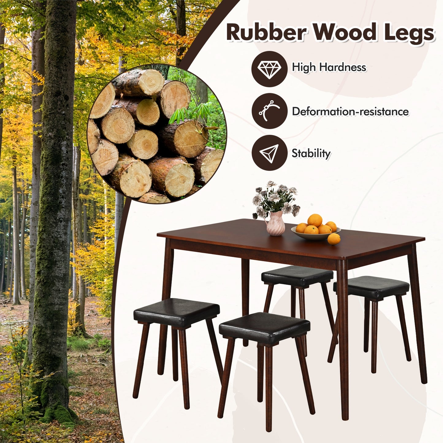 5 Piece Dining Set with Upholstered Stools and Solid Rubber Wood Legs for Kitchen or Dining Room